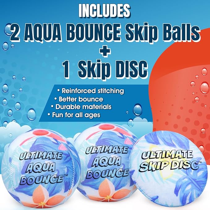 Activ Life Ultimate Skip Ball, Large 3" - 2 Water Skip Balls with 1 Skip Disc - Water Bouncing Ball Set for Beach, Pool & Lake Games - Fun Summer Toys for Kids, Teens, Adults & Families