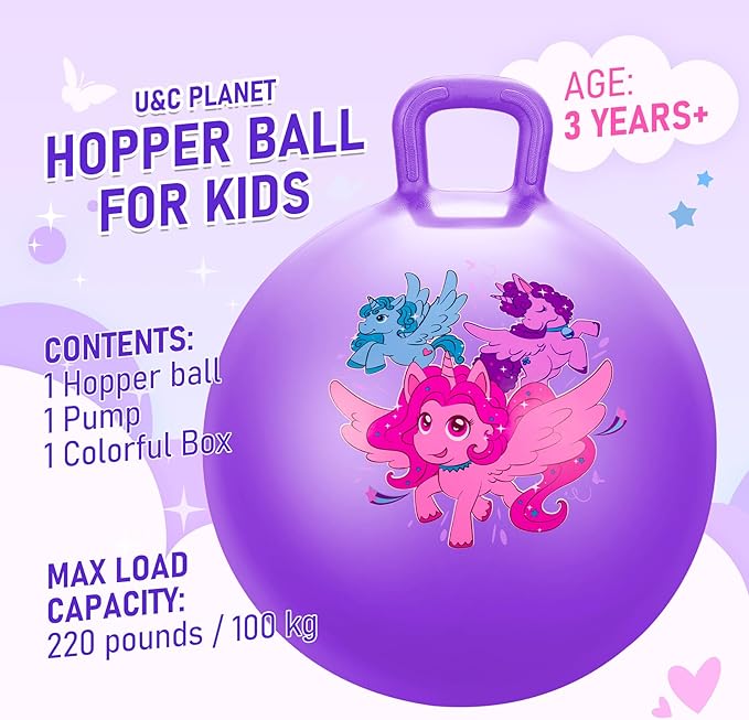 U&C Planet Hopper Ball 18 inches Bouncy Ball with Handle for Kids Age 3-6 Hoppity Hop Sit and Bounce Jumping Hopping Toy with Pump and Gift Box Great Gift for Easter Basket Stuffers, Purple