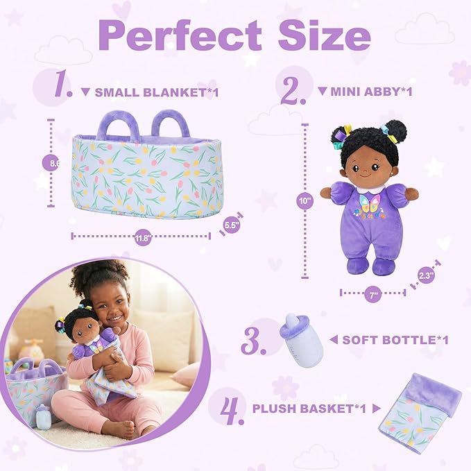 OUOZZZ 10" Baby Doll Accessories, African American Doll Pretend Playset for Social Emotional Learning, Perfect Birthday Toy & Gift for 2 Year Old Girls