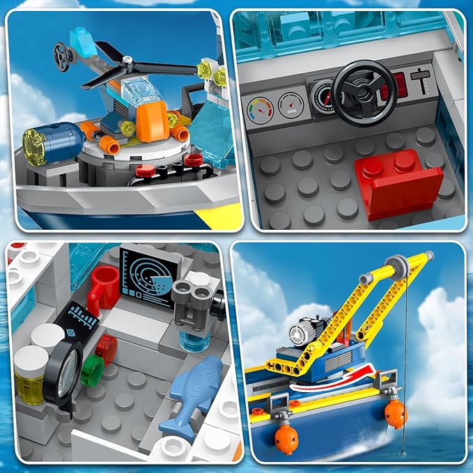 City Floatable Boat Building Set with LED Light - Ocean Arctic Explorer Ship Building Block Kit with Helicopter, Sub Exploration Toy Adventure Set Birthday Gift for Kids Boys Girls 6 7 8 9 10+