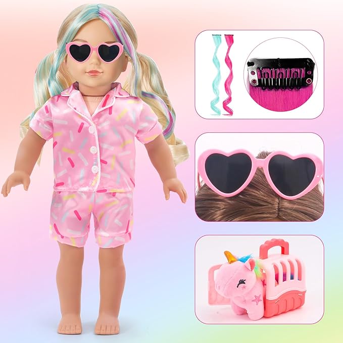 American 18 Inch Doll Accessories Sleepover Pajama Set with Travel Suitcase, Doll Accessories Bundle, Wigs, Sunglasses, U-Shaped Unicorn Pillow(No Doll)