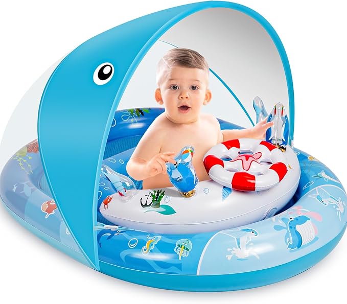 Baby Pool Float with Canopy, Baby Swim Float with UPF50+ Sun Protection Canopy and Toy Play Console, Inflatable Baby Float & Swimming Float with Adjustable Safety Seat for 6-36 Months