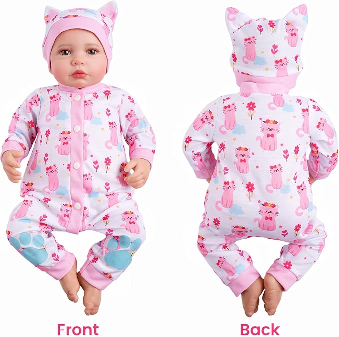 BABESIDE 2 Pcs Reborn Babys Doll Clothes for 17-22 Inch Baby Dolls, Pink Cat Pattern Reborn Baby Dolls Accessories Set with Hat, for Reborn Doll Girls Boys (Dolls not Included)
