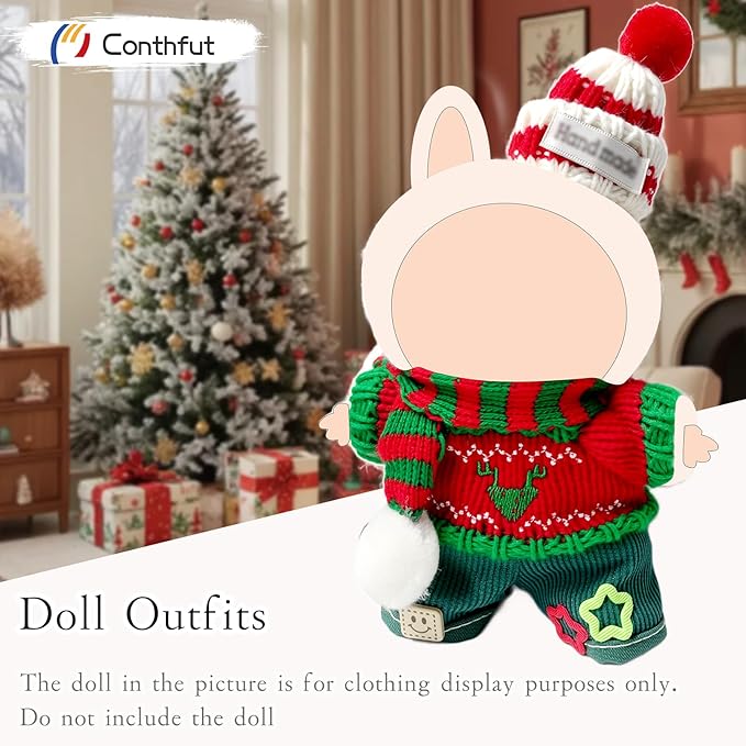 17cm Doll Clothes,Christmas Sweater Hat for Dolls Accessories,Winter Clothes for Dolls Outfit,Christmas Clothes Set (No Doll)(Red Sweater +Green)