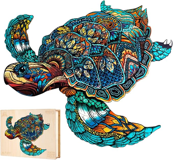 Jigfoxy Wooden Puzzles for Adults, Sea Turtle Wooden Jigsaw Puzzles for Adults Kids, Unique Animal Shape Wood Cut Puzzles, Christmas Thanksgiving Gifts for Family Turtle Lover (S-9.1 * 7.7in-100pcs)