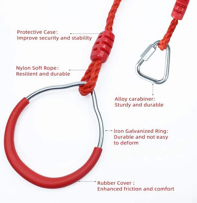 Backyard Ninja Ring Hang Gymnastic Fist Swing Monkey Bar Playground Equipment Climbing Attachment Playground Play Set, 4 Red Obstacle Course Fit Rings Jungle Gym Slackline Warrior Training Equipment