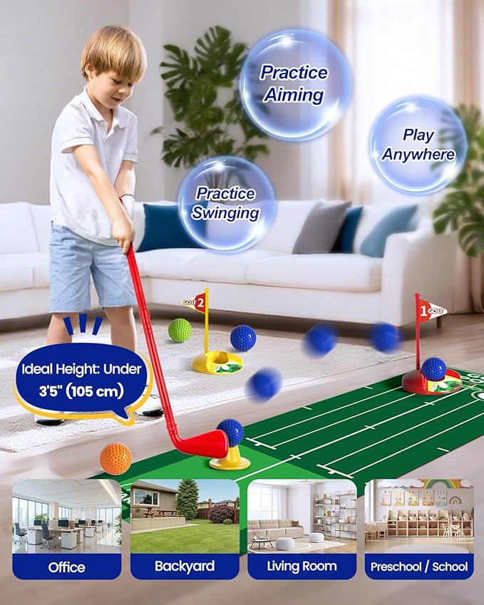KINGTOP Toddler Golf Set with Putting Mat & Cornhole Board, Kids Golf Clubs 3-5 Years Old with 10 Balls, 4 Clubs, 2 Holes & Cart, Indoor Outdoor Toddler Sports Toys
