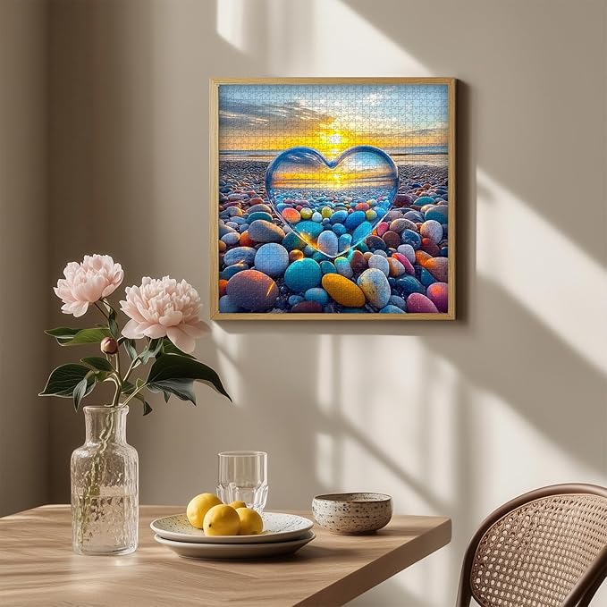 Crystal Heart Puzzles for Adults 1000 Pieces, PICKFORU Colorful Summer Beach Sunset Jigsaw Puzzles, Difficult Love Cobblestone Theme as Home Decor
