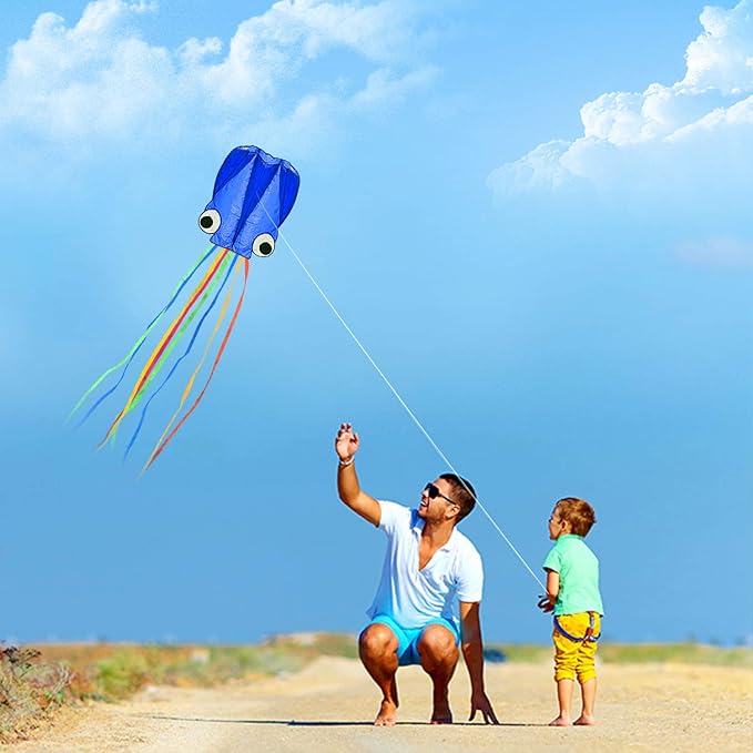 Large Octopus Kites, Long Tail Beautiful Easy Flyer Beach Kites, Good Kite for Kids and Adults Easy to Fly(Red+Blue)