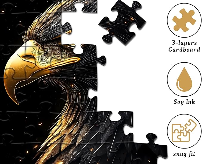 Black Flame Eagle Jigsaw Puzzle 1000 Pieces for Adults, Majestic Bald Eagle Bird Puzzles with Gold Beak and Dark Feathers, Wildlife Animal Jigsaw Puzzle, Unique Challenging Impossible Hard Puzzle