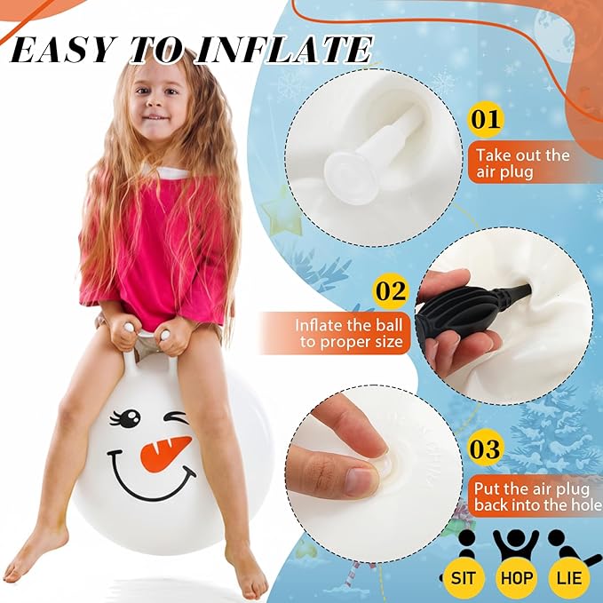 Sratte 6pcs 18 Inch Bouncy Hopper Ball with Handle Snowman Face White Christmas Bouncing Balls Hopping Toys Inflatable Jumping Toy for Sport Boys Girls Gifts Winter Party Favors