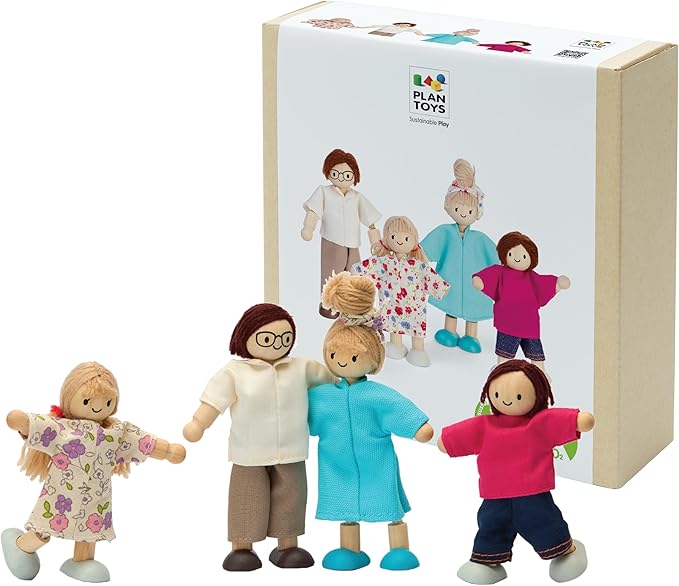 PlanToys® Family Wooden Dollhouse Figurine Set | 4 Poseable 1:12 Scale Mini Dolls (Parents & Kids) | Dollhouse Accessories for Pretend Play | Eco-Friendly Montessori Toy for Kids Ages 3+