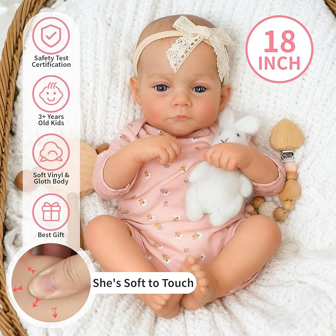 SCOM Realistic Reborn Baby Dolls - 18 Inch Lifelike Newborn Baby Dolls Adorable Girl, Real Life Baby Doll with Accessories, Hand-Drawn Hair Soft Baby Doll Reborn, for 3+ Kids, Birthday Gift