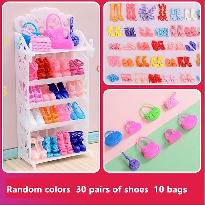 51PCS Doll Accessories + 1 Shoe Rack 30 Pairs Doll Shoes 10 Handbags 10 Glasses Replacement Fashion Playset Accessories Different Assorted Colors High Heel Boots for 11.5 Inch Girl Doll