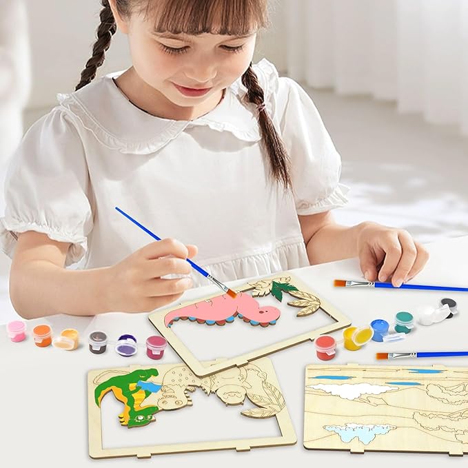 Vileafy 6-Pack 3D Wood Crafts for Painting Party Favors & Kids Gifts for Classmate – Dinosaur, Jungle & Ocean Puzzles with Individual Paints & Brushes for Boys & Girls Ages 4-8 (6)