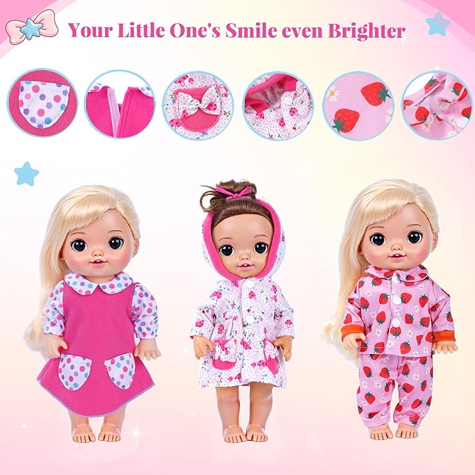 BABESIDE 10 Sets Baby Doll Clothes & Accessories for 8/10/11 Inch Baby Dolls, Includes Cute Jumpsuit & Skirts, 3+ Year Old Girls Gifts, Pretend Play