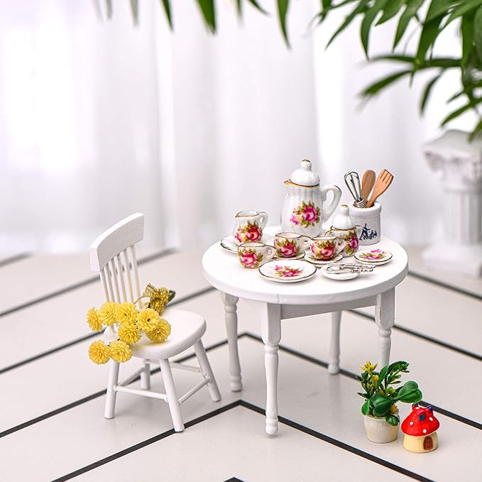 Skylety 37 Pieces 1:12 Scale Miniatures Dollhouse Kitchen Accessories Include 16 Plates Knife Fork Spoon, 6 Egg Beater Utensil, 15 Tea Cup Set(Red Rose)