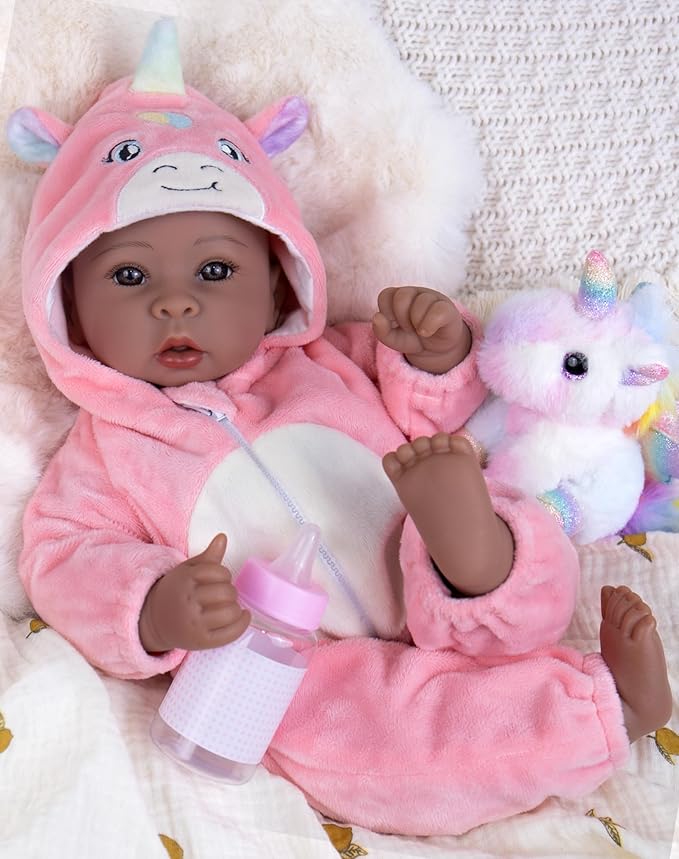 Aori 17 Inch Black Baby Dolls Realistic Black Doll with Light Weighted Soft Body & Pink Outfits for Girls 3+ | Pretend Play, Dress Up, Nursery Decor