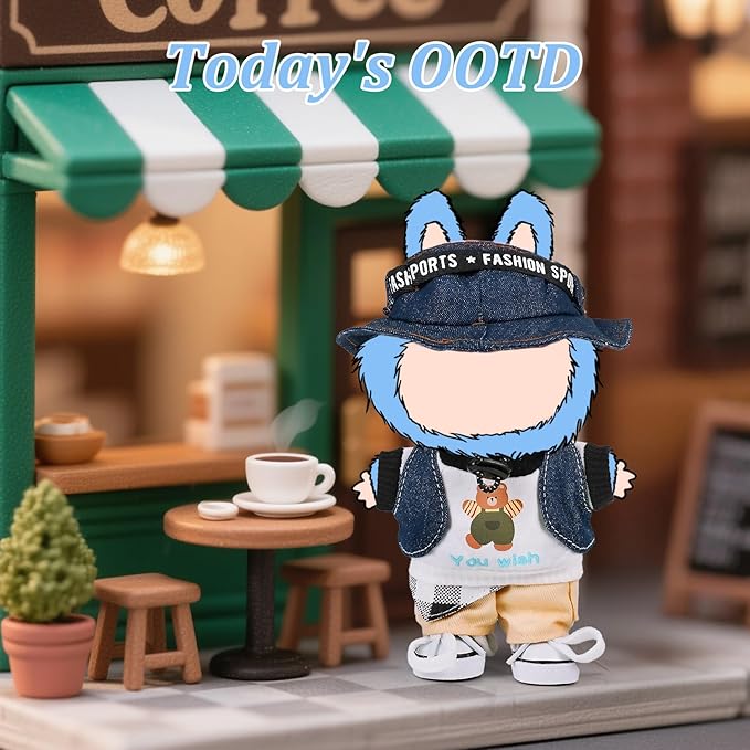 Doll Clothes for 17cm Labubu,Cool Causal Outfit Accessories Clothing for 17cm/6.7inch Doll-Jean Bucket Hat+T-Shirts+Cowboy Vest+Khaki Pants+Canvas+Waist Scarf (White)