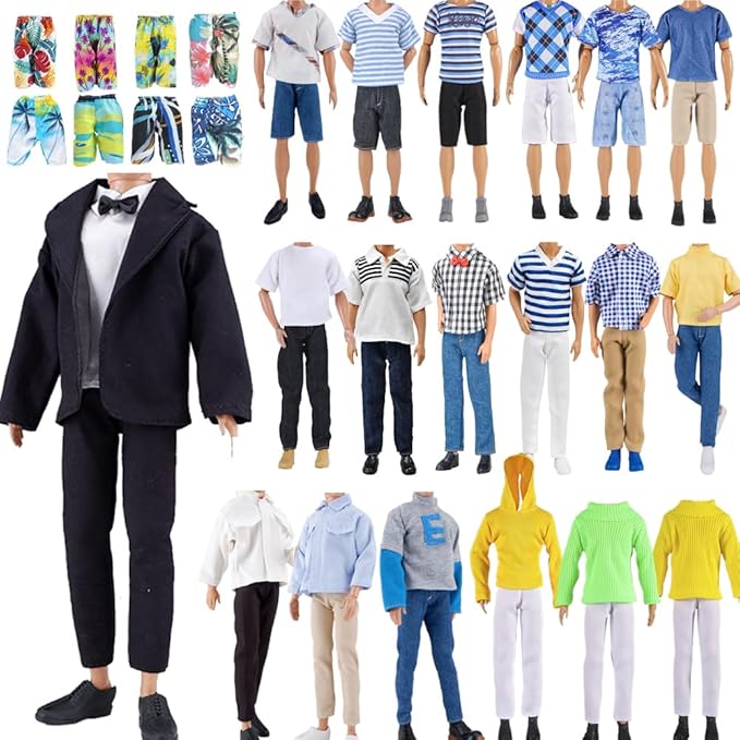E-TING 10-Item Fantastic Pack = 1 Black-tie Suit with a Shirt + 3 Sets of Casual Wear Clothes Outfit + 1 pc Swim Trunks + 5 Pairs Shoes for 12inches boy Doll（Random Style）