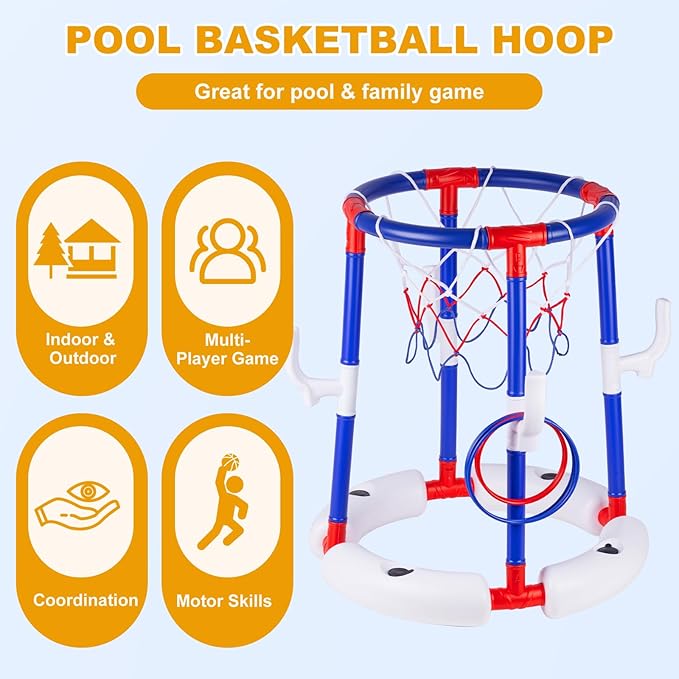 Taotuo Blue Floating Pool Basketball Hoop, 2-in-1 Basketball & Ring Toss Game with 4 Balls, 6 Rings&Pump, Summer Pool Toys Outdoor Water Fun Family Party for Age 3-12