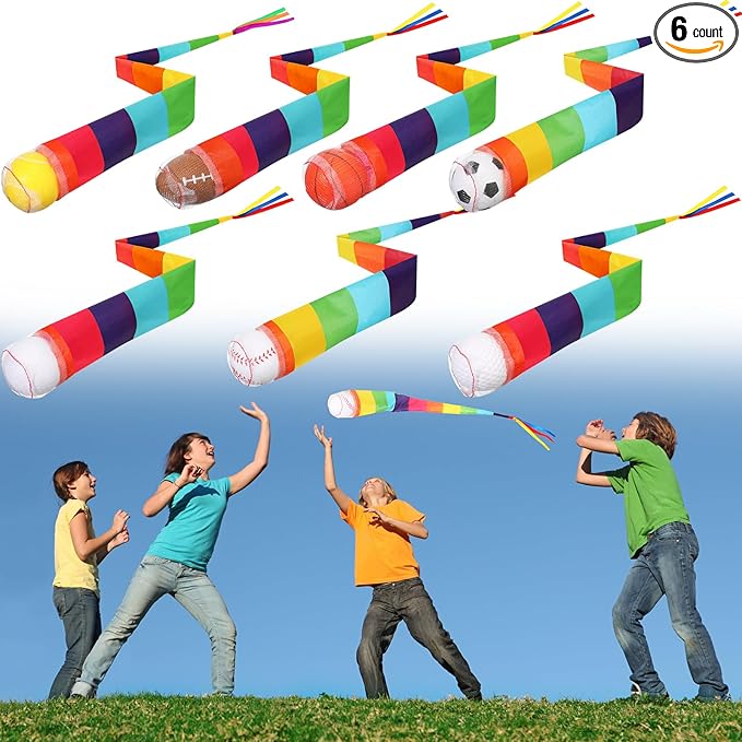 Leyndo 6 Pcs Throw and Catch Ball with Rainbow Tails, Sports Comet Balls Playground Toys Bulk Indoor Outdoor for Spring Kids School Sports Training Sensory Training, 23.6'' Long