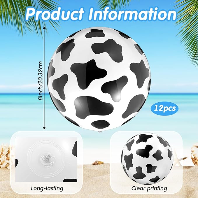 12 Pieces Inflatable Beach Ball Set - Cow Print Beach Balls for Toy Inspire Game Party Supplies Summer Pool Fun Games Cowgirl Cowboy Farm Animal Birthday Party Favors(8 Inch)