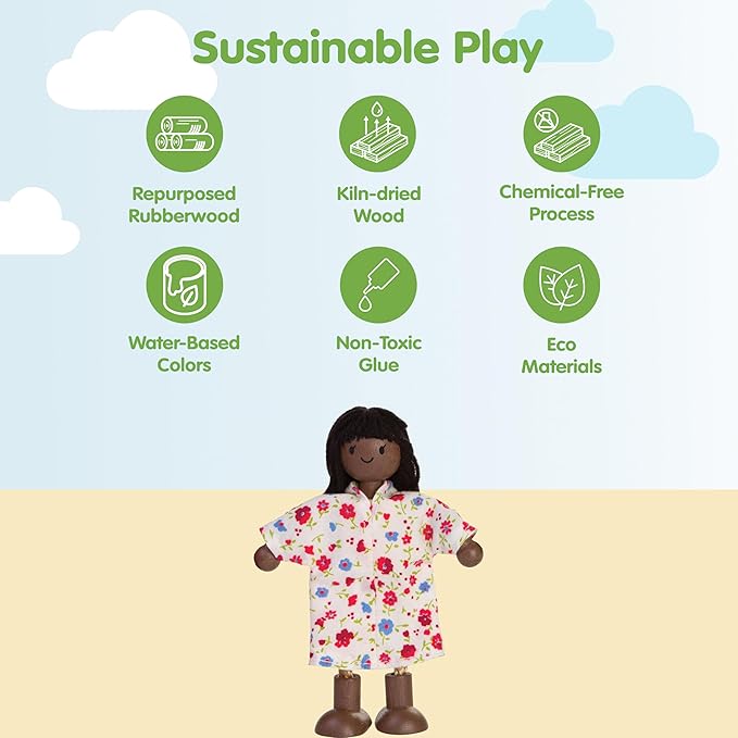 PlanToys® Mother Wooden Dollhouse Figurine | Poseable 1:12 Scale Mini Doll (5 Inch) | Dollhouse Accessories for Pretend Play | Eco-Friendly Montessori Toy for Kids Ages 3+