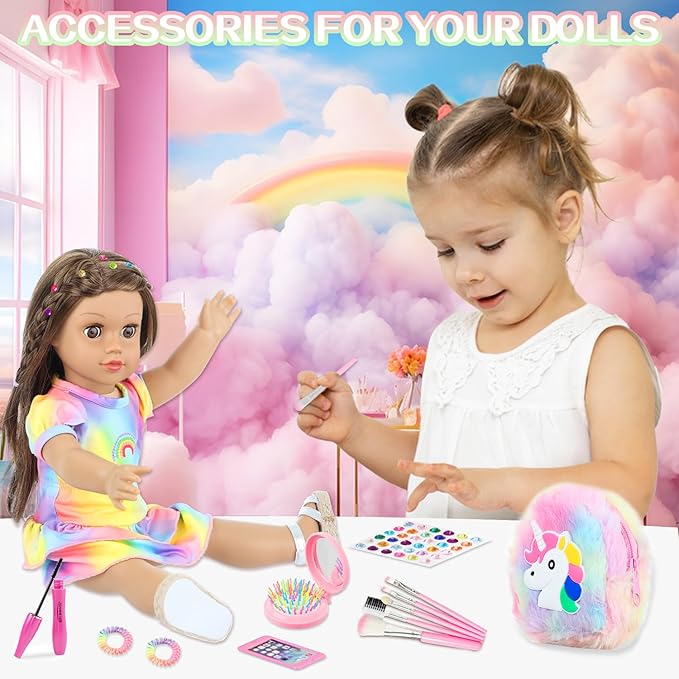 K.T. Fancy 18 Inch Doll Clothes and Accessories - Dress Makeup Set -Included Skirt, Backpack, Headband, Cosmetic Brush, Mini Phone, Mini Comb, Stickers & Shoes（NO Doll）