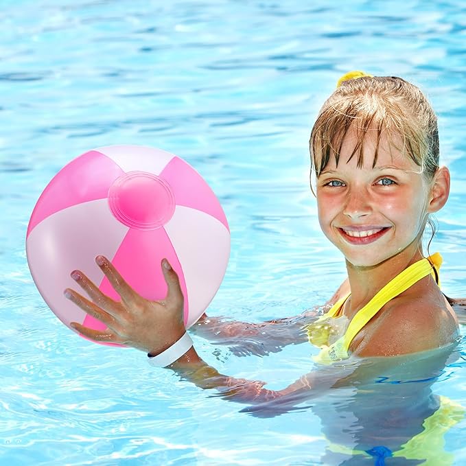 24 Pack 12 Inch Pink and White Inflatable Beach Balls Bulk PVC Beach Balls Blow up Water Games Toys for Kids Summer Swimming Pool Party Favors Hawaiian Tropical Theme Party Supplies