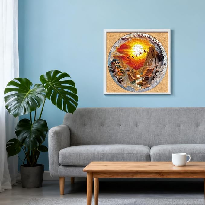 Round Jigsaw Puzzle 1000 Pieces - 3D Paper-Cut Style Golden Sunset - 26.6" Circular Challenge, Oriental Crane Landscape, Mindful Stress Relief Gift