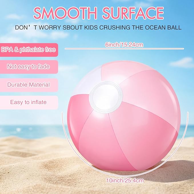 Realspring 12 Pcs Pastel Inflatable Beach Balls Kids Bulk Stripe Jumbo Big Beach Balls Pool Floating Toy for Adult Water Game Baby Shower Birthday Summer Swimming Party (Pink and White,10 Inch)