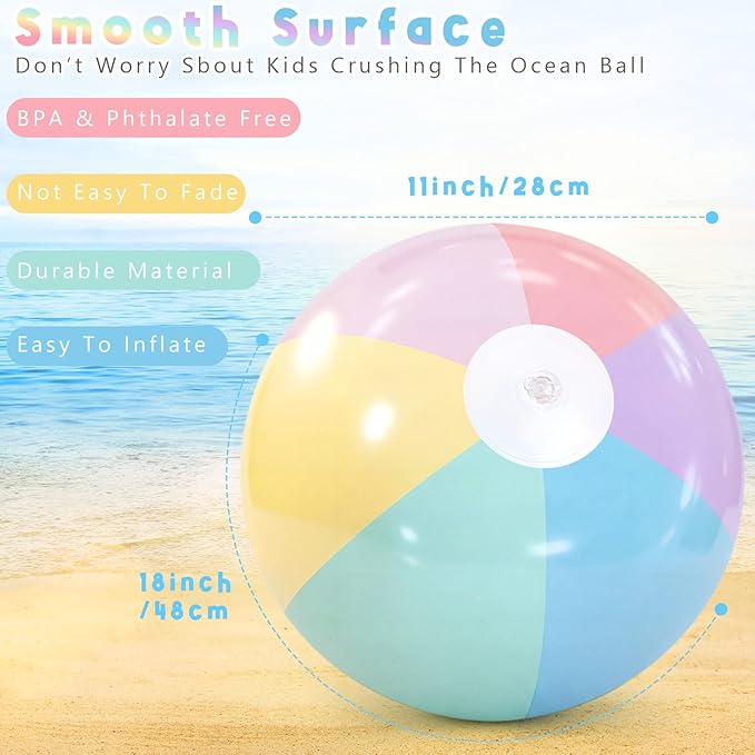 12 Pcs Pastel Inflatable Beach Balls Bulk Pastel Color Jumbo Big Beach Balls Baby Shower Birthday Summer Swimming Party Decorations Favor Water Games(18 Inch,Macaron Color)