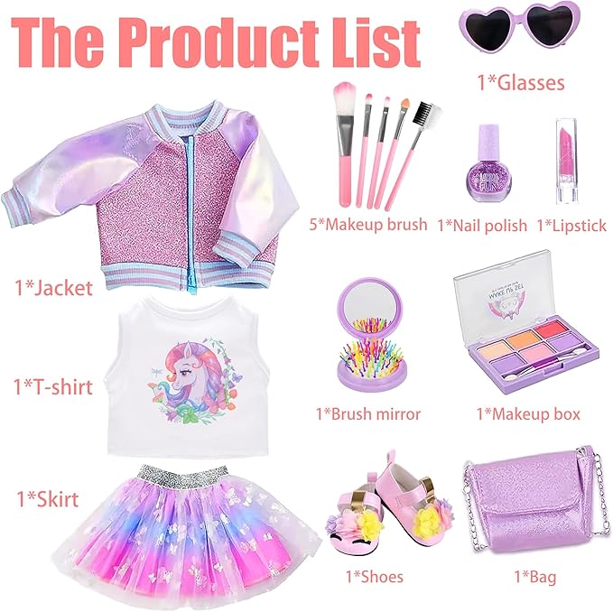 ebuddy 18 Inch Doll Clothes and Accessories - Unicorn Outfit with Glitter Jacket, Tulle Skirt, Purse, Sunglasses & Accessories for 18" Dolls (Doll Not Included)