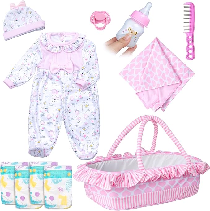 PEDOLLTREE 11 Pcs Reborn Baby Dolls Clothes Girl Pink Chick Outfit Accessories for 16-18 Inch Reborn Doll Newborn Girl with Pink Heart Bassinet