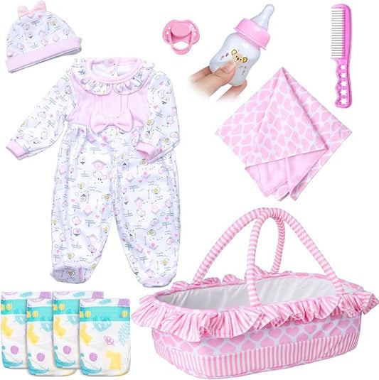 PEDOLLTREE 11 Pcs Reborn Baby Dolls Clothes Girl Pink Chick Outfit Accessories for 16-18 Inch Reborn Doll Newborn Girl with Pink Heart Bassinet