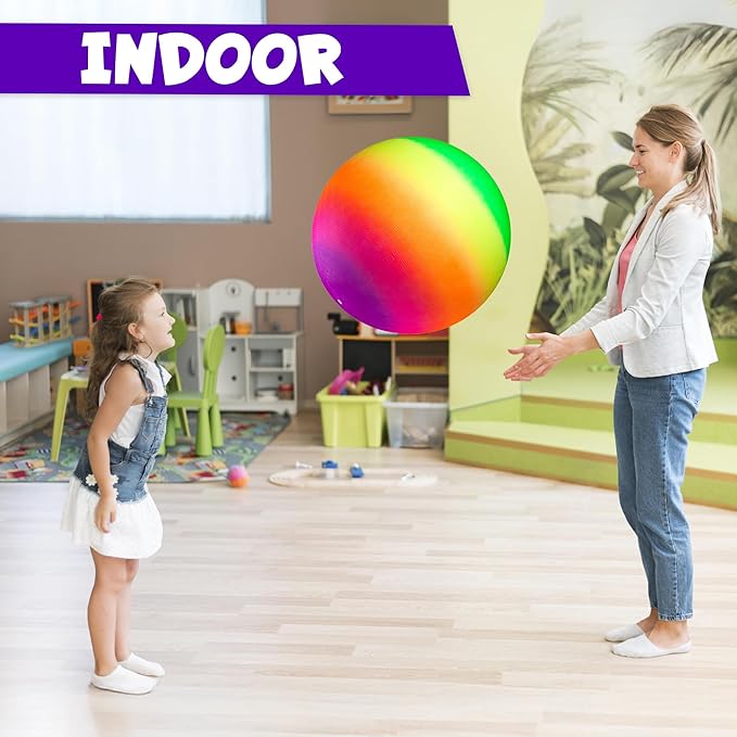Bedwina 18 Inch Rainbow Playground Ball for Kids (Pack of 1 or 2) Jumbo Size Rainbow Inflatable Big Bouncy Kickball for Park, Giant Balls for Indoor and Outdoor Games with Hand Pump
