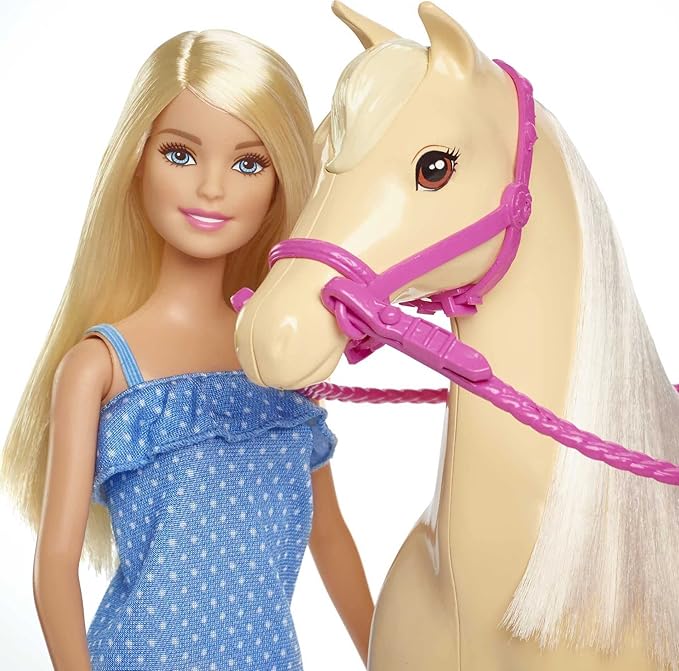 Barbie Doll, Blonde, Wearing Riding Outfit with Helmet, and Light Brown Horse with Soft White Mane and Tail, Gift for 3 to 7 Year Olds (Amazon Exclusive)