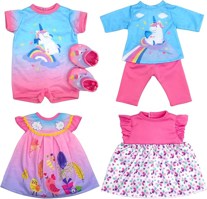 ECORELF 4 Set Baby Doll Clothes for 13-16 Inch Dolls, 6 Pcs 14 Inch Doll Clothes Accessories Dress Outfits Include Skirts, Top, Pants, Jumpsuit