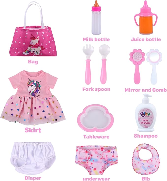 13 PCS Reborn Baby Doll Accessories and Clothes Playset for 17-20 Inch Dolls – Feeding & Caring Set with Diaper Bag, Magic Bottle, Pretend Play Gift for Girls Kids Birthday Christmas