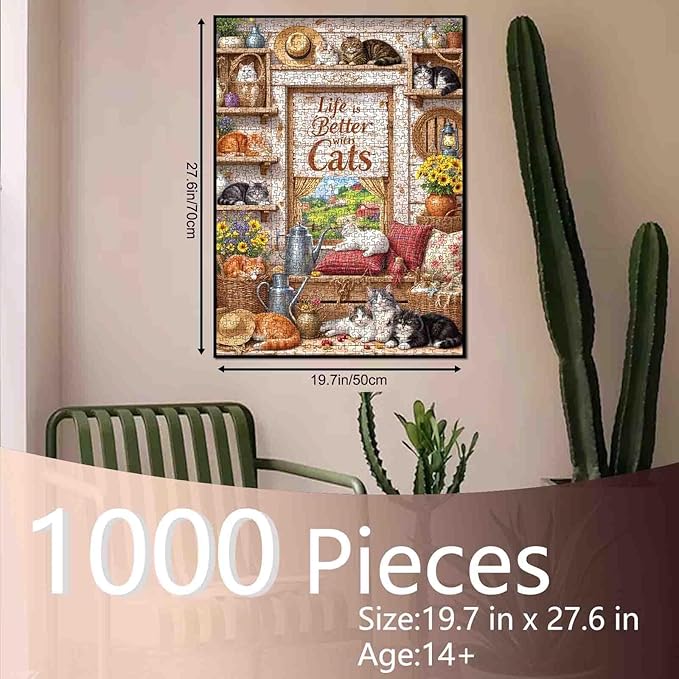Cat Puzzles 1000 Pieces for Adults, Retro Cat Jigsaw Puzzles for Challenging Family Activity Games DIY Puzzle for Home and Dining Room Wall Decor Gifts - 19.7 x 27.6 Inches