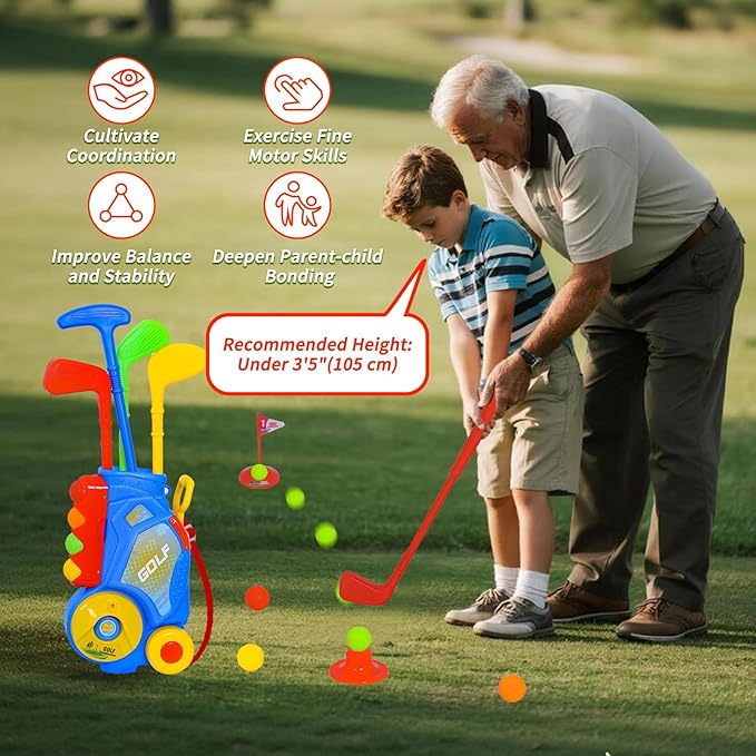 Nattork Toddler Golf Set for Boys Girls Aged 1 2 3 Years Old, Upgraded Kids Golf Cart with 4 Clubs & 12 Balls, Outdoor Indoor Sports Toy Birthday Gift, Blue