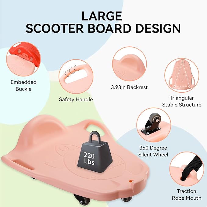 Large Scooter Board for Kids, Plastic Floor Scooter Board with Handles and Buckle, Gym Scooters for Indoor Outdoor Sports,Sensory Training