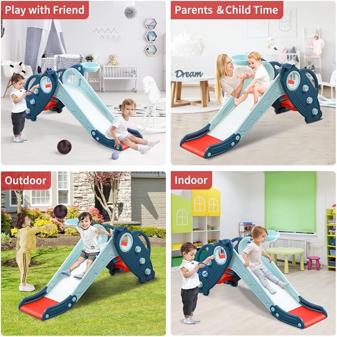 Onasti Kids Slide for Toddlers Age 1-3 Indoor Baby Plastic Slide Outdoor Climber Freestanding Playset with Basketball Hoop & Ring Game Blue