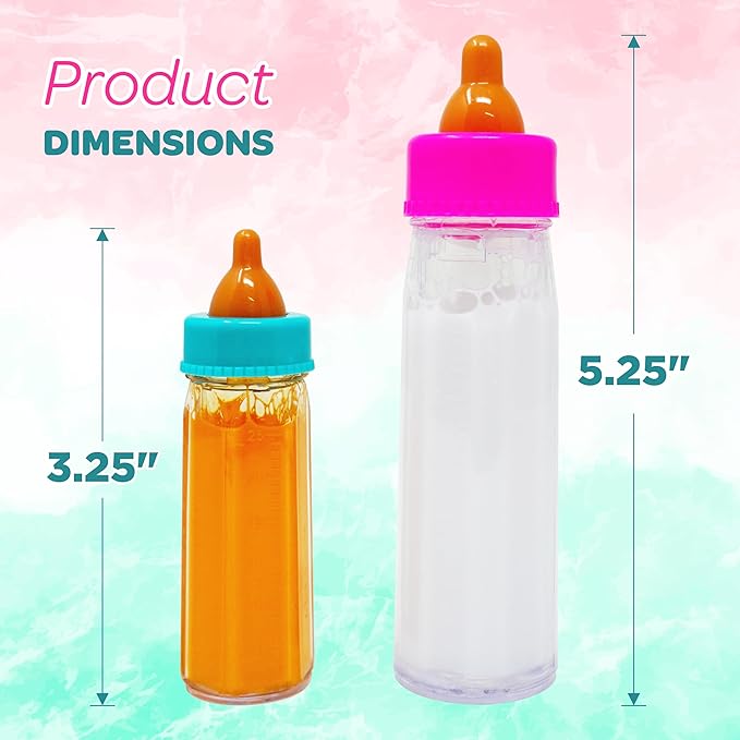 4E's Novelty 2 Pack Baby Doll Bottles Accessories, Magic Doll Disappearing Milk and Juice - Baby Doll Accessories Toys for Kids Toddlers, Stocking Stuffers for Little Girls Ages 3 4 5 6 7