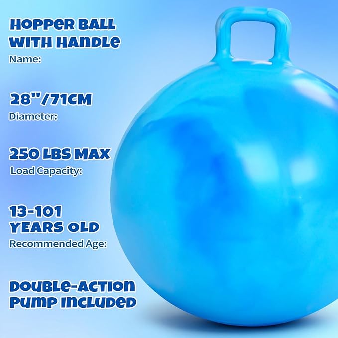 Hopper Ball for Adults & Teens 16+, 28 Inch Clouds Bouncy Ball with Handle, Sit On Hippity Hop Exercise with Air Pump, Jumping Hopping Toys Active Play for Family Activities Indoor Outdoor Fun Races
