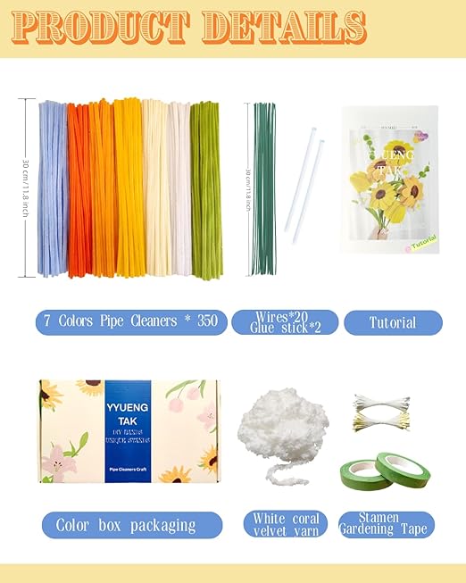 YYUENGTAK 350 Pcs (7 Colors) Pipe Cleaners Flower kit with tutoria,Fluffy Yarn,Green Floral Wires,Gardening Tape,Stamen(2 Colors)，Pipe Cleaners Craft,Chenille Stems for DIY Art Projects Creative Gift