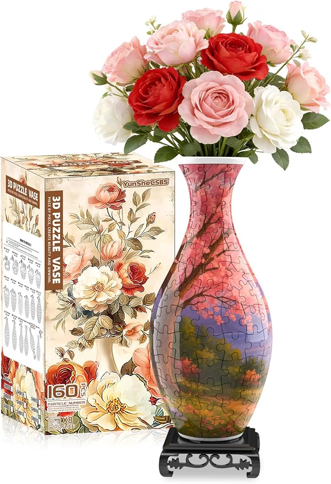 3D Puzzles Vase for Adults, Crafts for Adults, 160 Pieces Plastic DIY Unique Flower Vase with LED Light House Warming Gift Birthday Gifts for Flower Arrangements and Home Decor (Cherry Blossoms)