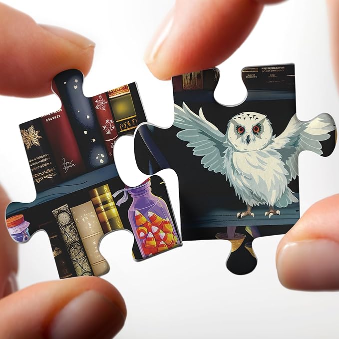 Magic Book Library Puzzles for Adults 1000 Pieces, Funny Halloween Bookshelf Jigsaw Puzzle, Difficult Bottle Owl Art Puzzles