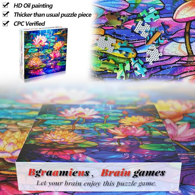 Bgraamiens Stained Glass Waterlily Jigsaw Puzzle - 1000-Piece Floral Art for Adults, Color Challenge with Botanical Mosaic Design, Home Decor & Gift Idea